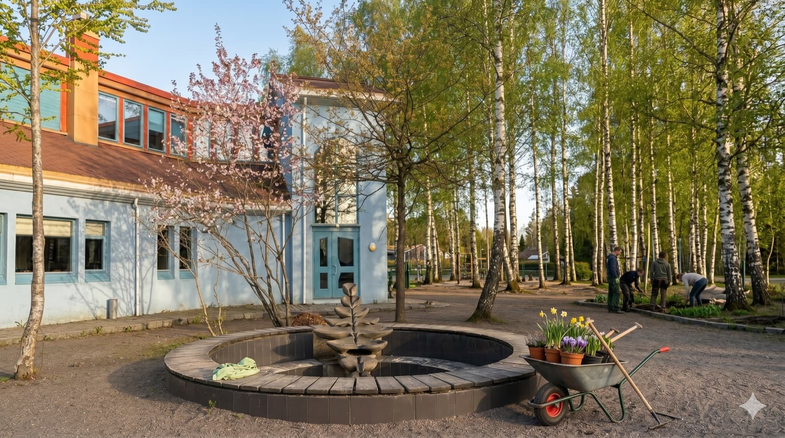Foresatte på dugnad ved Steinerskolen — våren bryter fram med kirsebærblomster og bjørkeløv.